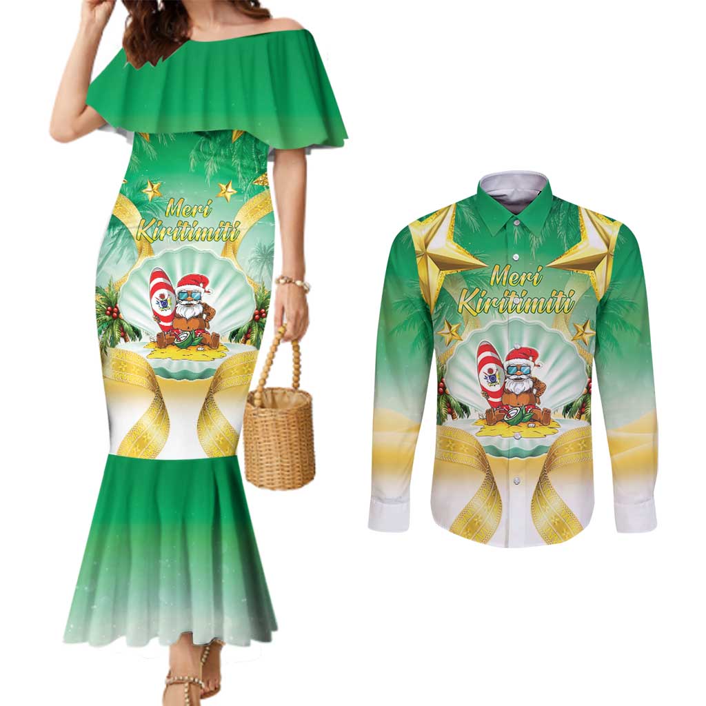 Cook Islands Christmas Couples Matching Mermaid Dress and Long Sleeve Button Shirt Seashell Santa Beach Vibes - Polynesian Pride