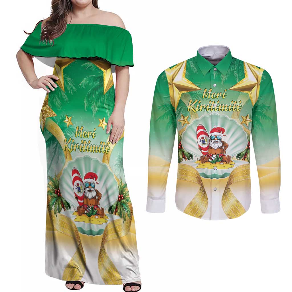 Cook Islands Christmas Couples Matching Off Shoulder Maxi Dress and Long Sleeve Button Shirt Seashell Santa Beach Vibes - Polynesian Pride