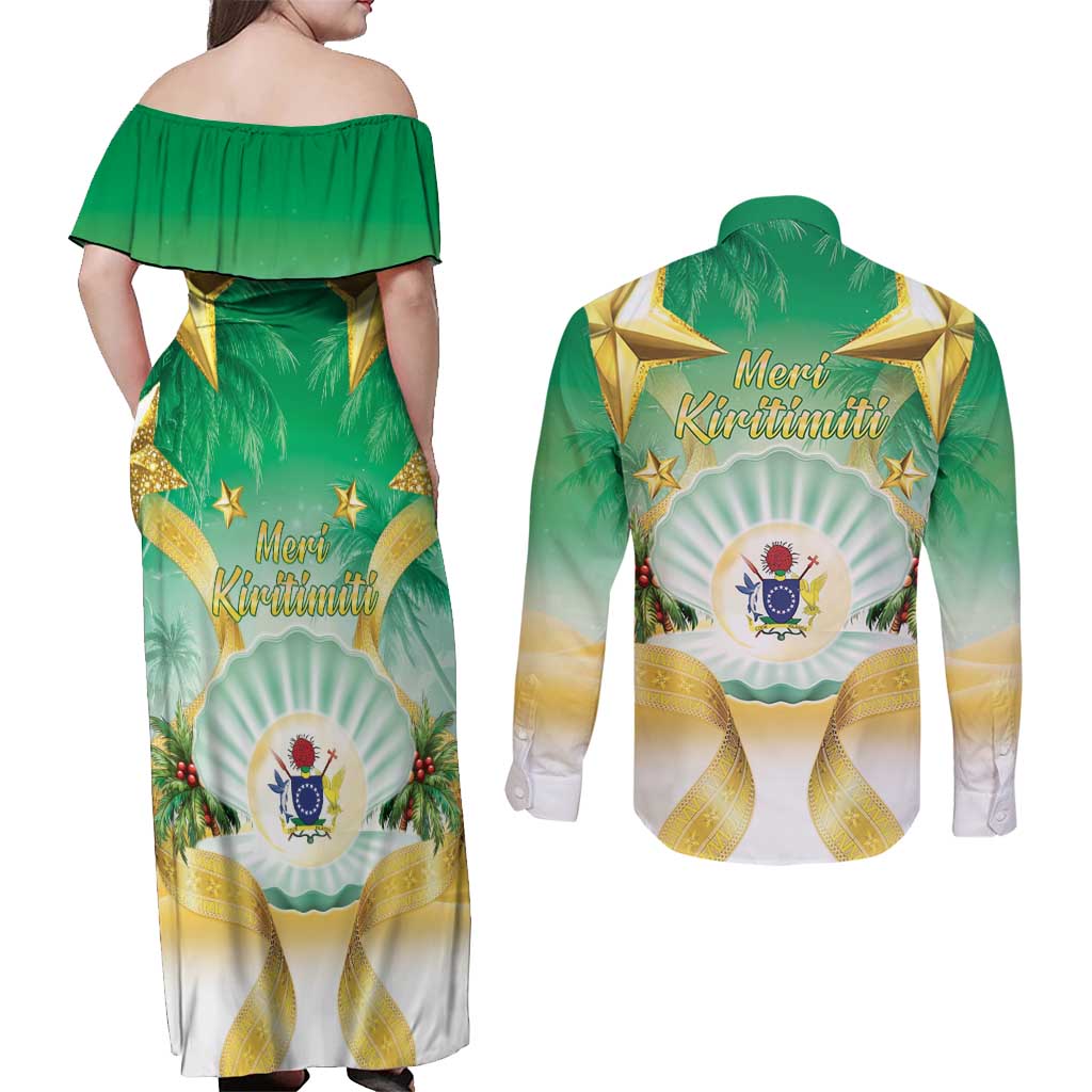 Cook Islands Christmas Couples Matching Off Shoulder Maxi Dress and Long Sleeve Button Shirt Seashell Santa Beach Vibes - Polynesian Pride