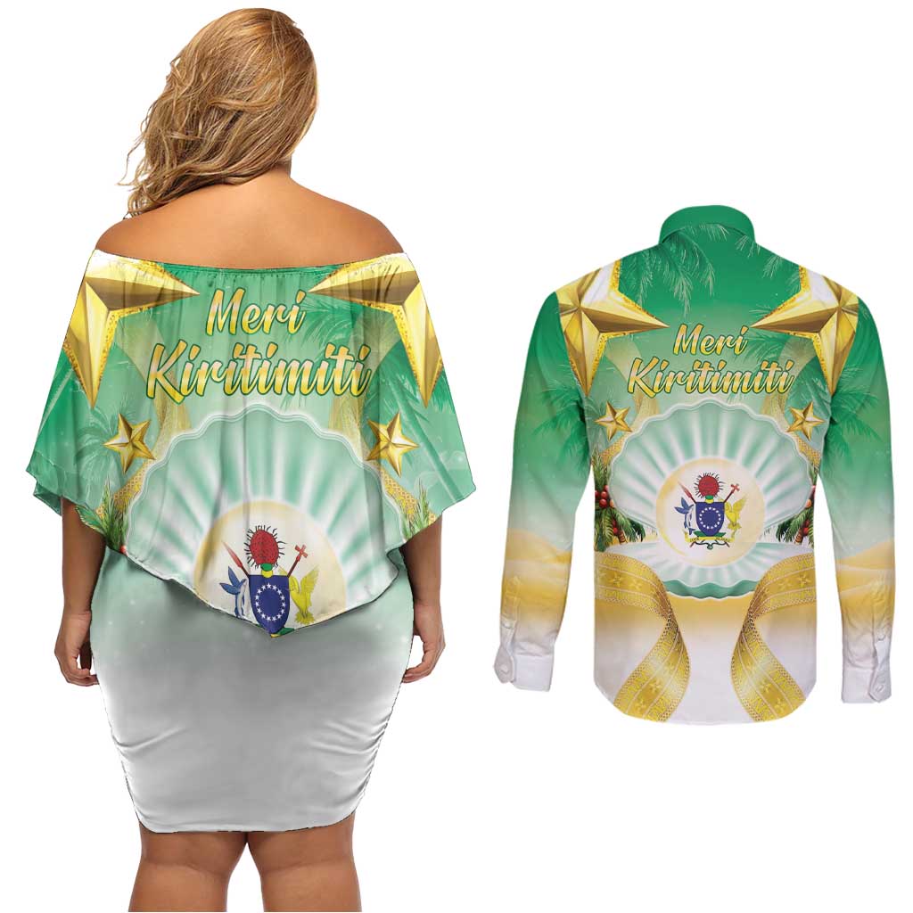 Cook Islands Christmas Couples Matching Off Shoulder Short Dress and Long Sleeve Button Shirt Seashell Santa Beach Vibes - Polynesian Pride