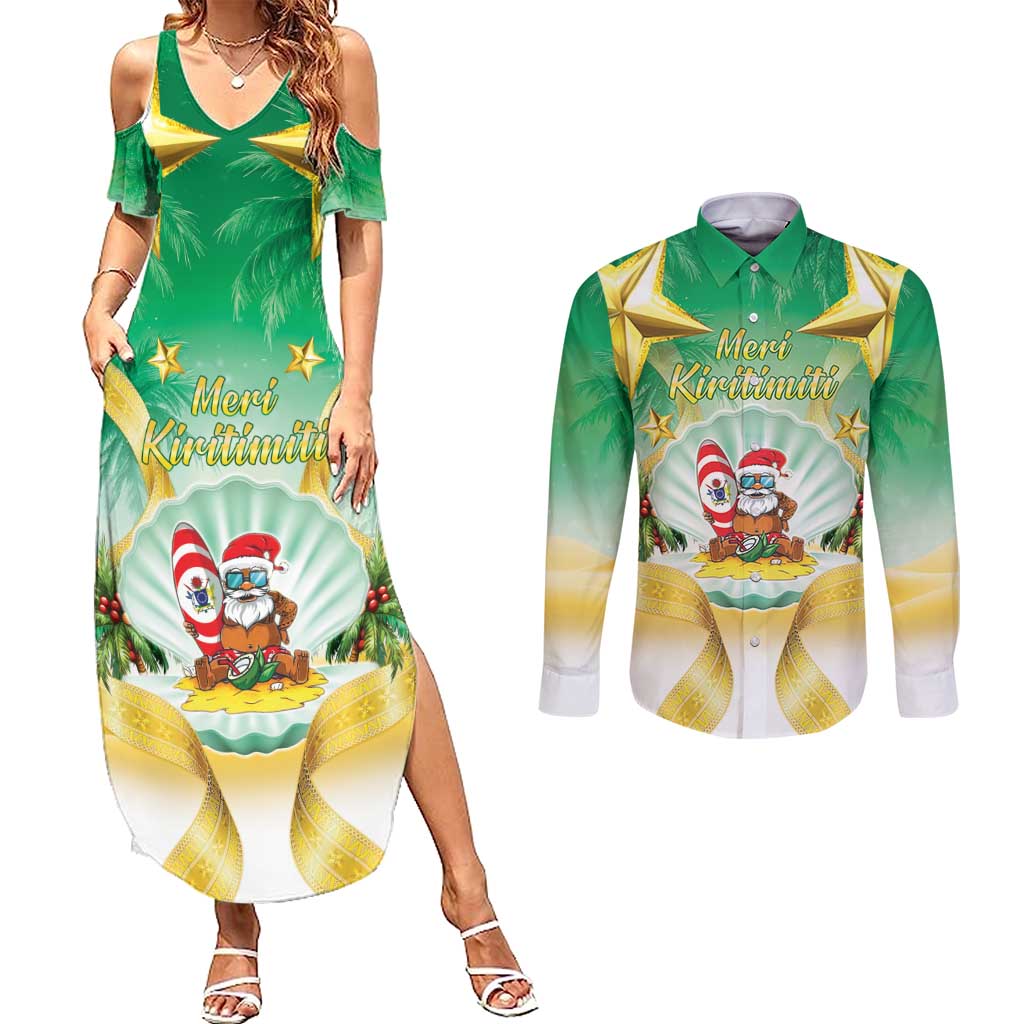Cook Islands Christmas Couples Matching Summer Maxi Dress and Long Sleeve Button Shirt Seashell Santa Beach Vibes - Polynesian Pride