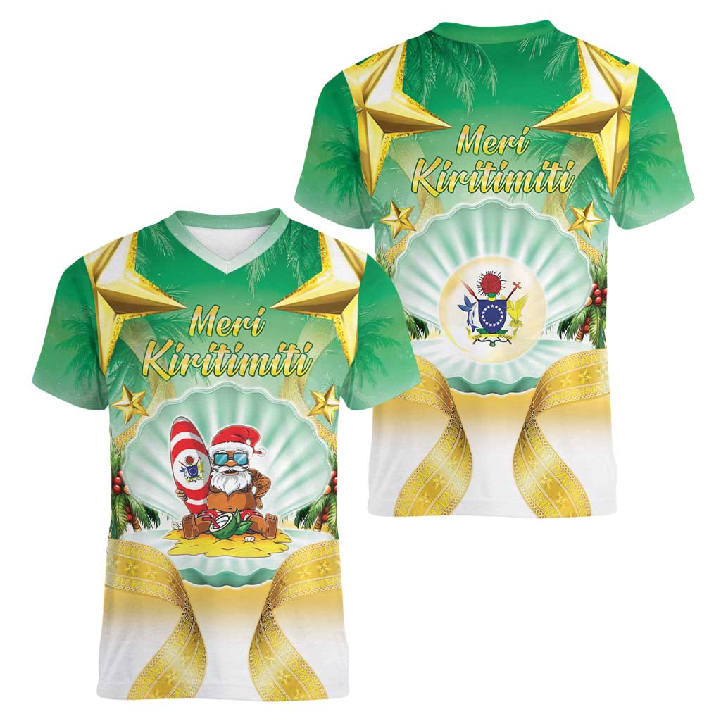 Cook Islands Christmas Women V-Neck T-Shirt Seashell Santa Beach Vibes - Polynesian Pride