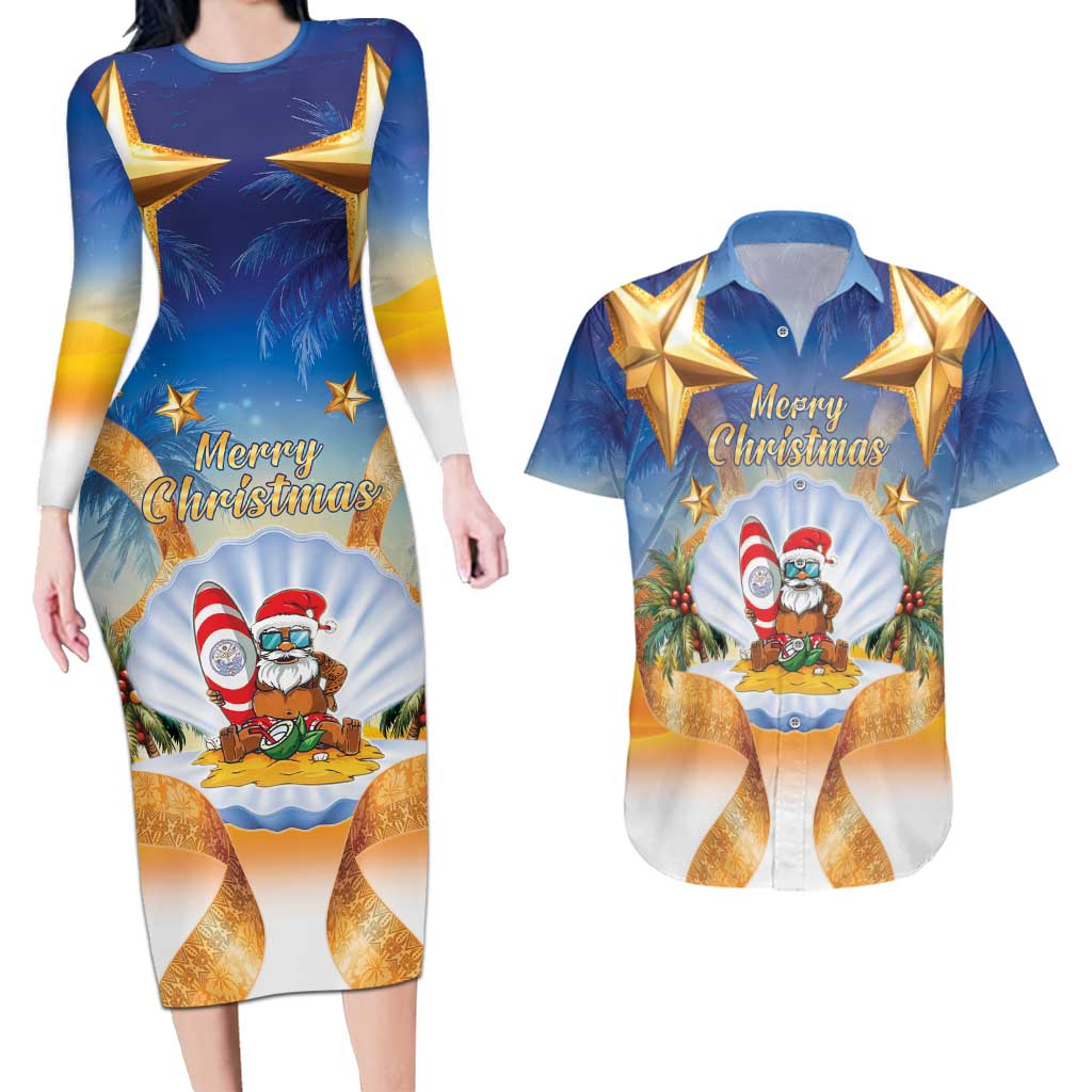 Marshall Islands Christmas Couples Matching Long Sleeve Bodycon Dress and Hawaiian Shirt Seashell Santa Beach Vibes - Polynesian Pride