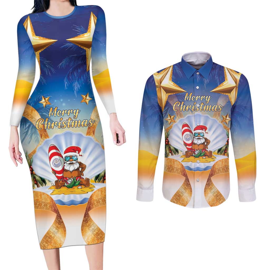 Marshall Islands Christmas Couples Matching Long Sleeve Bodycon Dress and Long Sleeve Button Shirt Seashell Santa Beach Vibes - Polynesian Pride
