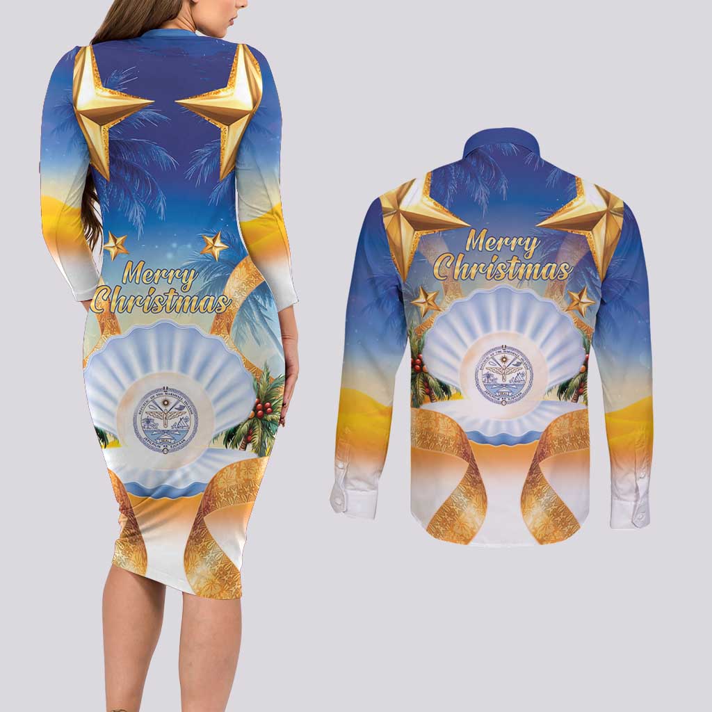 Marshall Islands Christmas Couples Matching Long Sleeve Bodycon Dress and Long Sleeve Button Shirt Seashell Santa Beach Vibes - Polynesian Pride