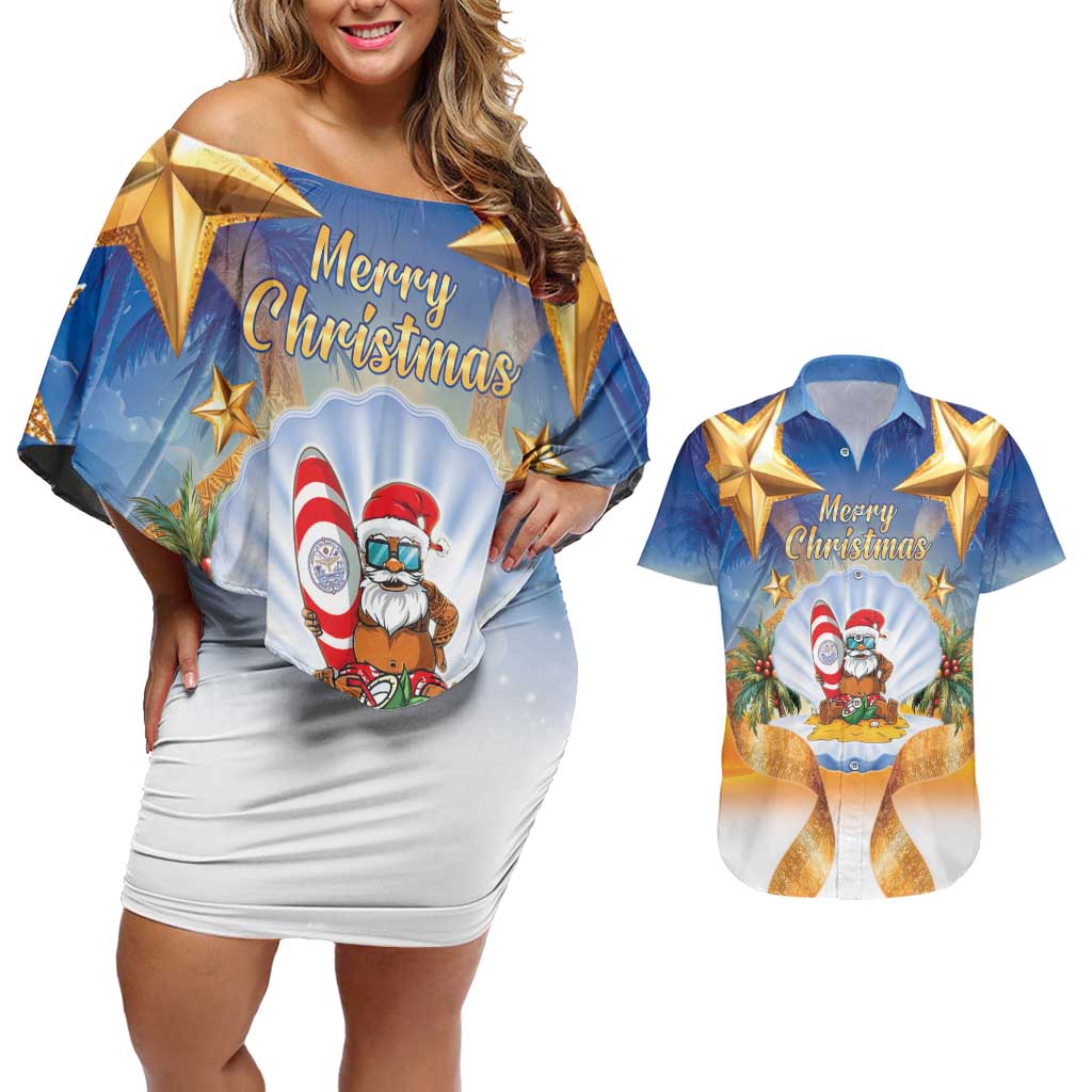 Marshall Islands Christmas Couples Matching Off Shoulder Short Dress and Hawaiian Shirt Seashell Santa Beach Vibes - Polynesian Pride