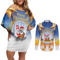 Marshall Islands Christmas Couples Matching Off Shoulder Short Dress and Long Sleeve Button Shirt Seashell Santa Beach Vibes - Polynesian Pride