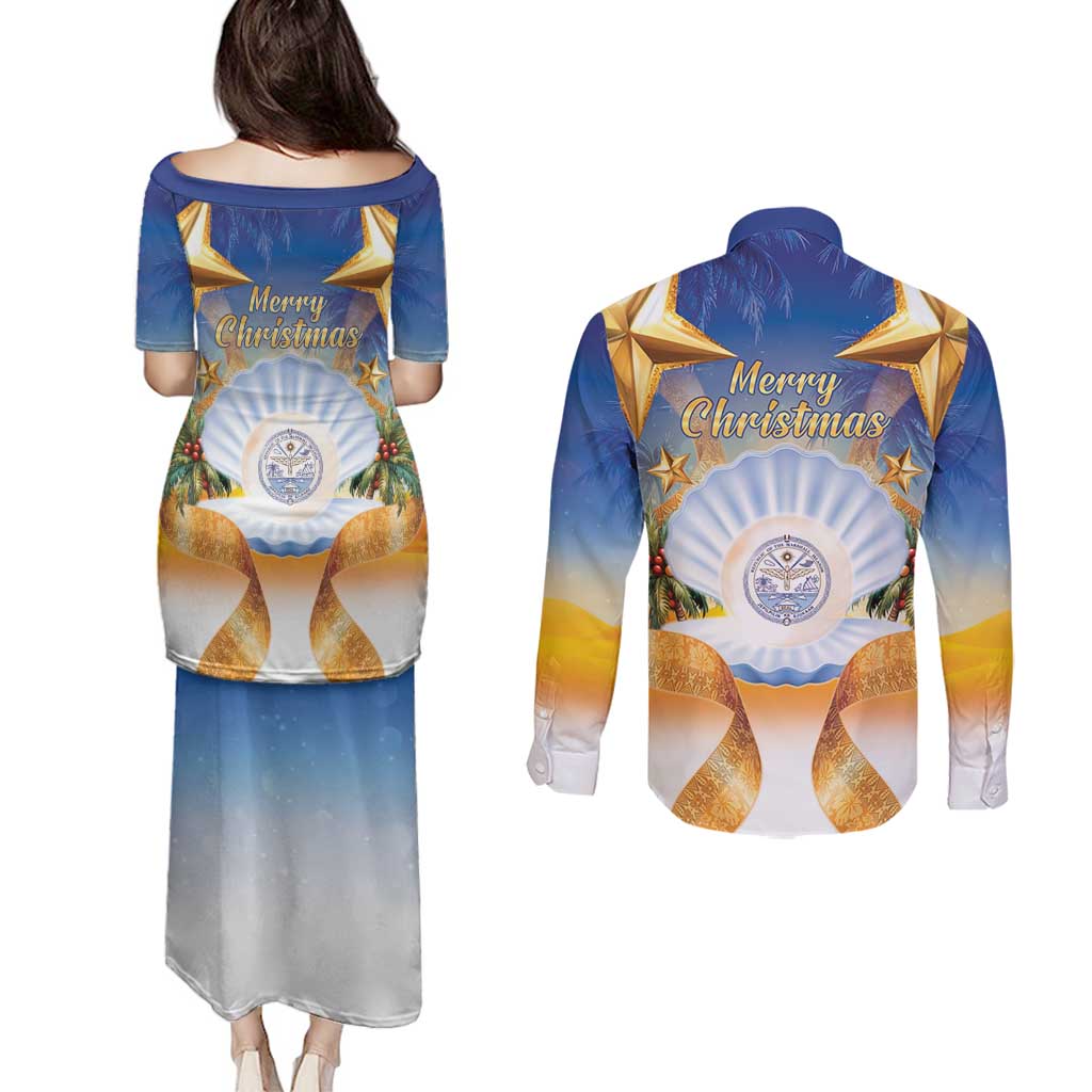 Marshall Islands Christmas Couples Matching Puletasi and Long Sleeve Button Shirt Seashell Santa Beach Vibes - Polynesian Pride