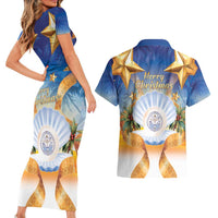 Marshall Islands Christmas Couples Matching Short Sleeve Bodycon Dress and Hawaiian Shirt Seashell Santa Beach Vibes - Polynesian Pride