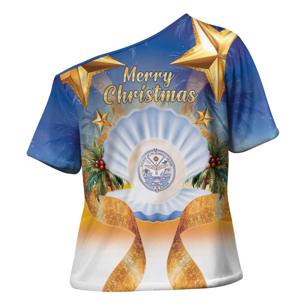 Marshall Islands Christmas Cross Shoulder Shirt Seashell Santa Beach Vibes - Polynesian Pride