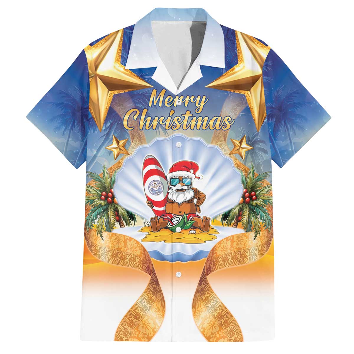 Marshall Islands Christmas Family Matching Off The Shoulder Long Sleeve Dress and Hawaiian Shirt Seashell Santa Beach Vibes - Polynesian Pride