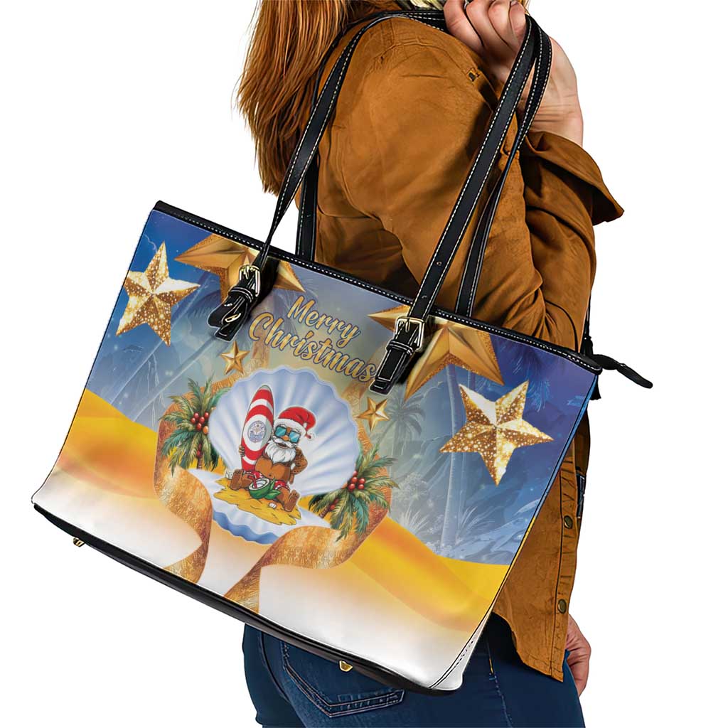 Marshall Islands Christmas Leather Tote Bag Seashell Santa Beach Vibes - Polynesian Pride