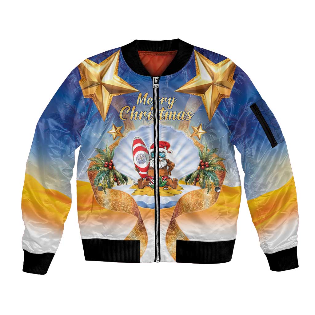 Marshall Islands Christmas Sleeve Zip Bomber Jacket Seashell Santa Beach Vibes - Polynesian Pride