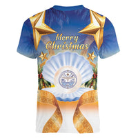 Marshall Islands Christmas Women V-Neck T-Shirt Seashell Santa Beach Vibes - Polynesian Pride