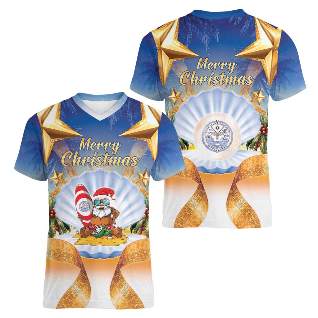 Marshall Islands Christmas Women V-Neck T-Shirt Seashell Santa Beach Vibes - Polynesian Pride