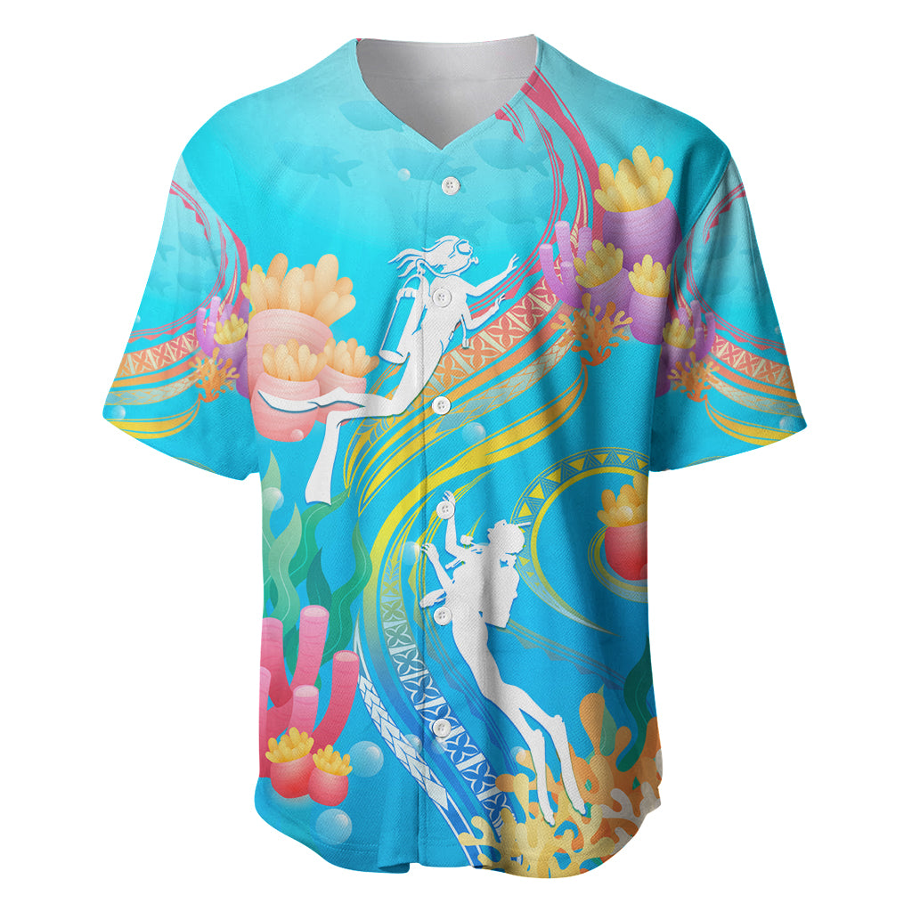 Under The Sea Scuba Diving Baseball Jersey Polynesian Pattern LT05 Blue - Polynesian Pride