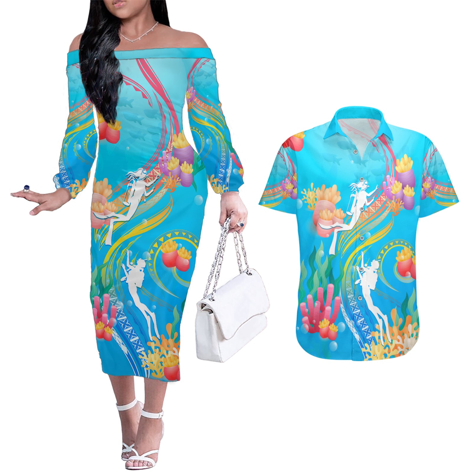 Under The Sea Scuba Diving Couples Matching Off The Shoulder Long Sleeve Dress and Hawaiian Shirt Polynesian Pattern LT05 Blue - Polynesian Pride