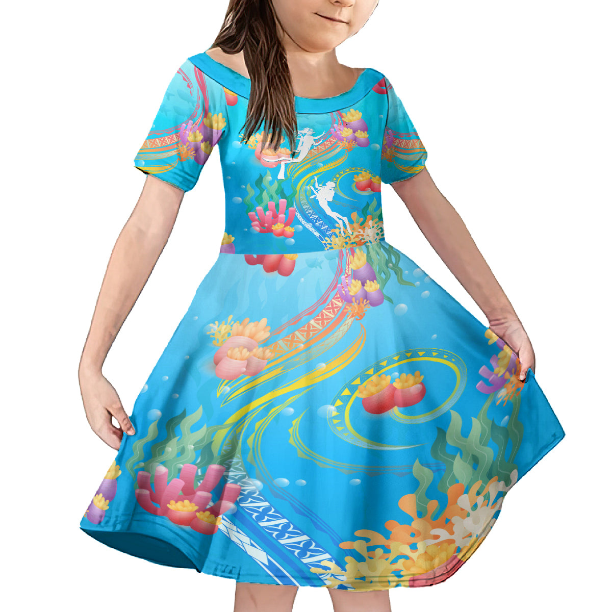 Under The Sea Scuba Diving Family Matching Off Shoulder Maxi Dress and Hawaiian Shirt Polynesian Pattern LT05 Daughter's Dress Blue - Polynesian Pride