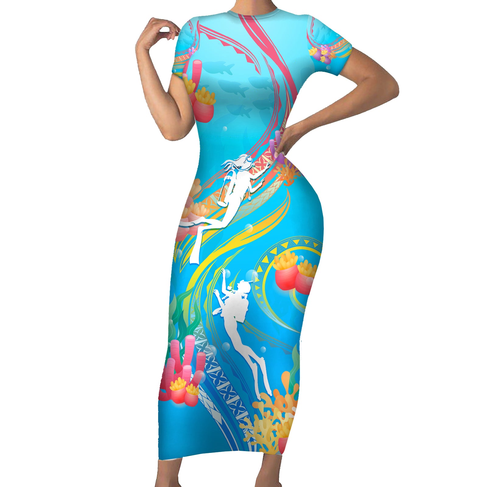 Under The Sea Scuba Diving Short Sleeve Bodycon Dress Polynesian Pattern LT05 Long Dress Blue - Polynesian Pride