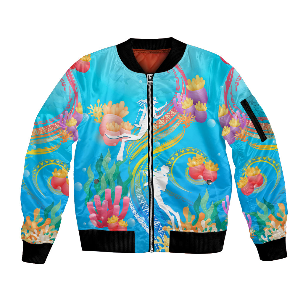 Under The Sea Scuba Diving Sleeve Zip Bomber Jacket Polynesian Pattern LT05 Unisex Blue - Polynesian Pride