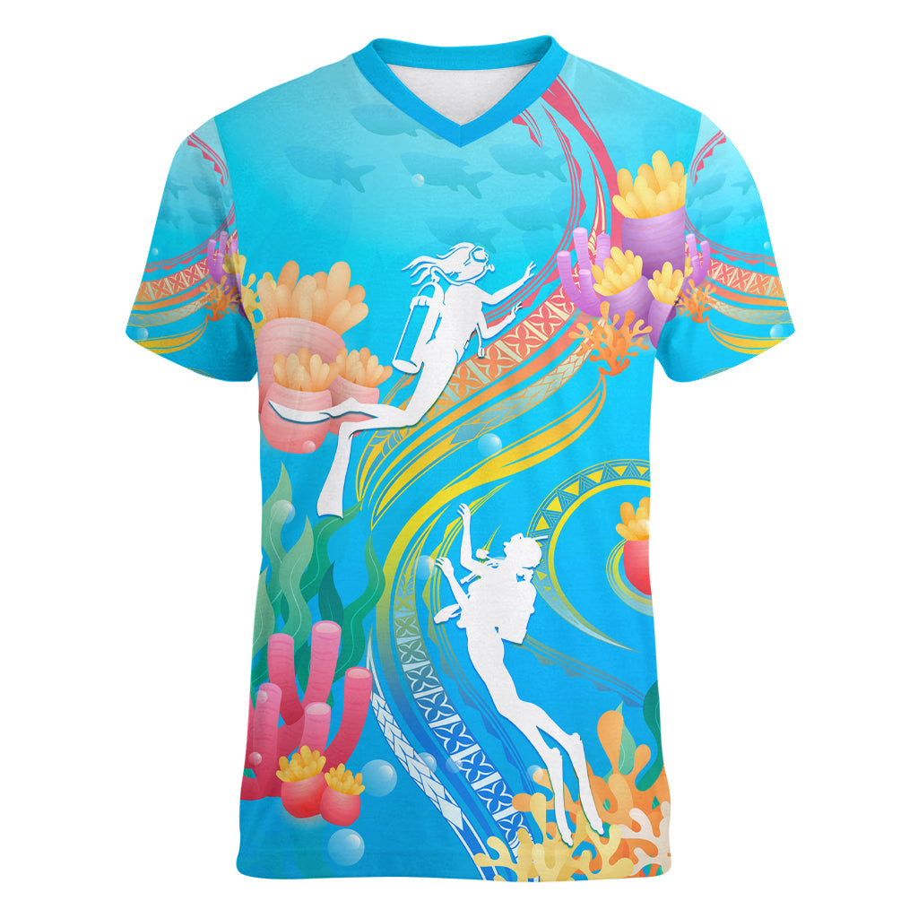 Under The Sea Scuba Diving Women V Neck T Shirt Polynesian Pattern LT05 Female Blue - Polynesian Pride