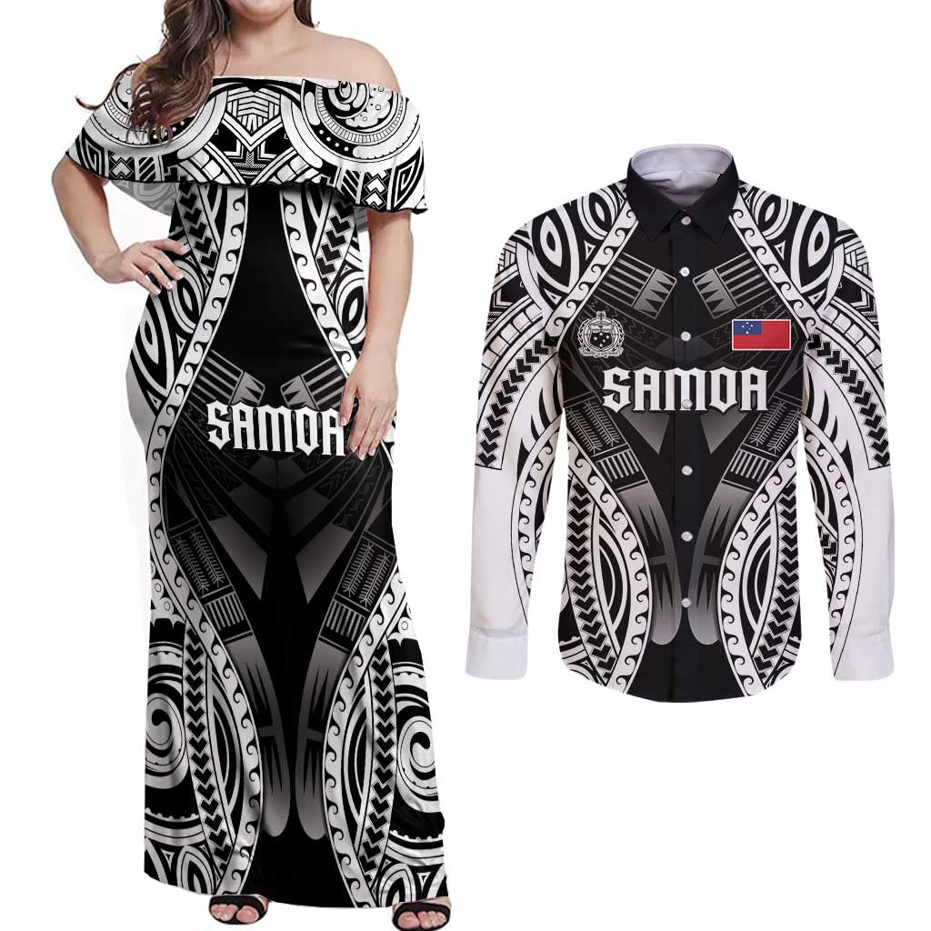 Personalised Remember Samoa Black Saturday Couples Matching Off Shoulder Maxi Dress and Long Sleeve Button Shirt Samoa Mo Samoa - Polynesian Pride