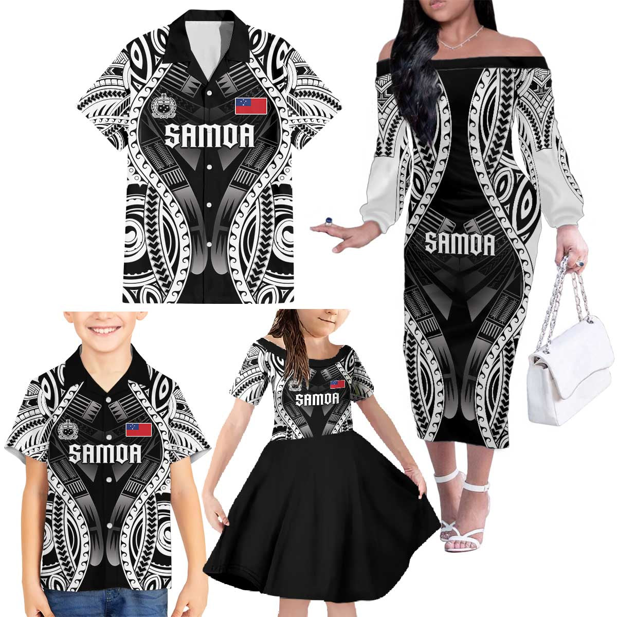 Personalised Remember Samoa Black Saturday Family Matching Off The Shoulder Long Sleeve Dress and Hawaiian Shirt Samoa Mo Samoa - Polynesian Pride