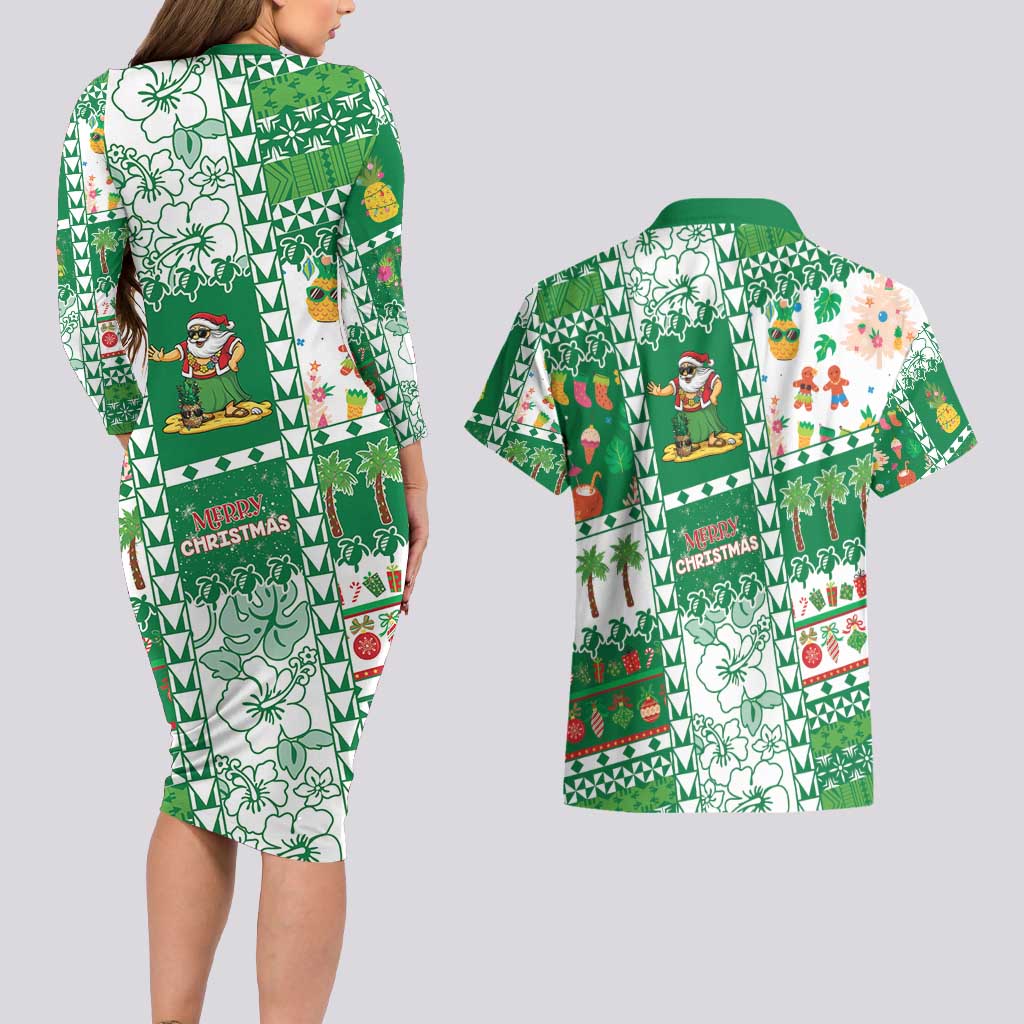 Norfolk Island Christmas Couples Matching Long Sleeve Bodycon Dress and Hawaiian Shirt Festive Beach Vibes - Polynesian Pride