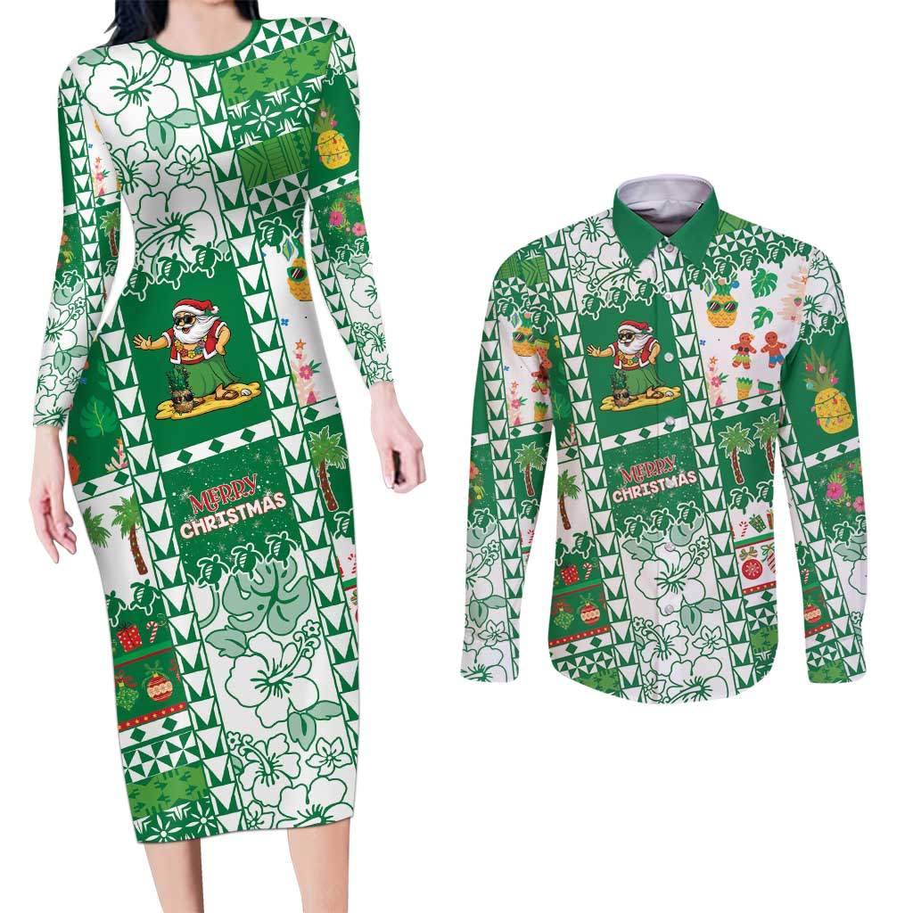 Norfolk Island Christmas Couples Matching Long Sleeve Bodycon Dress and Long Sleeve Button Shirt Festive Beach Vibes - Polynesian Pride