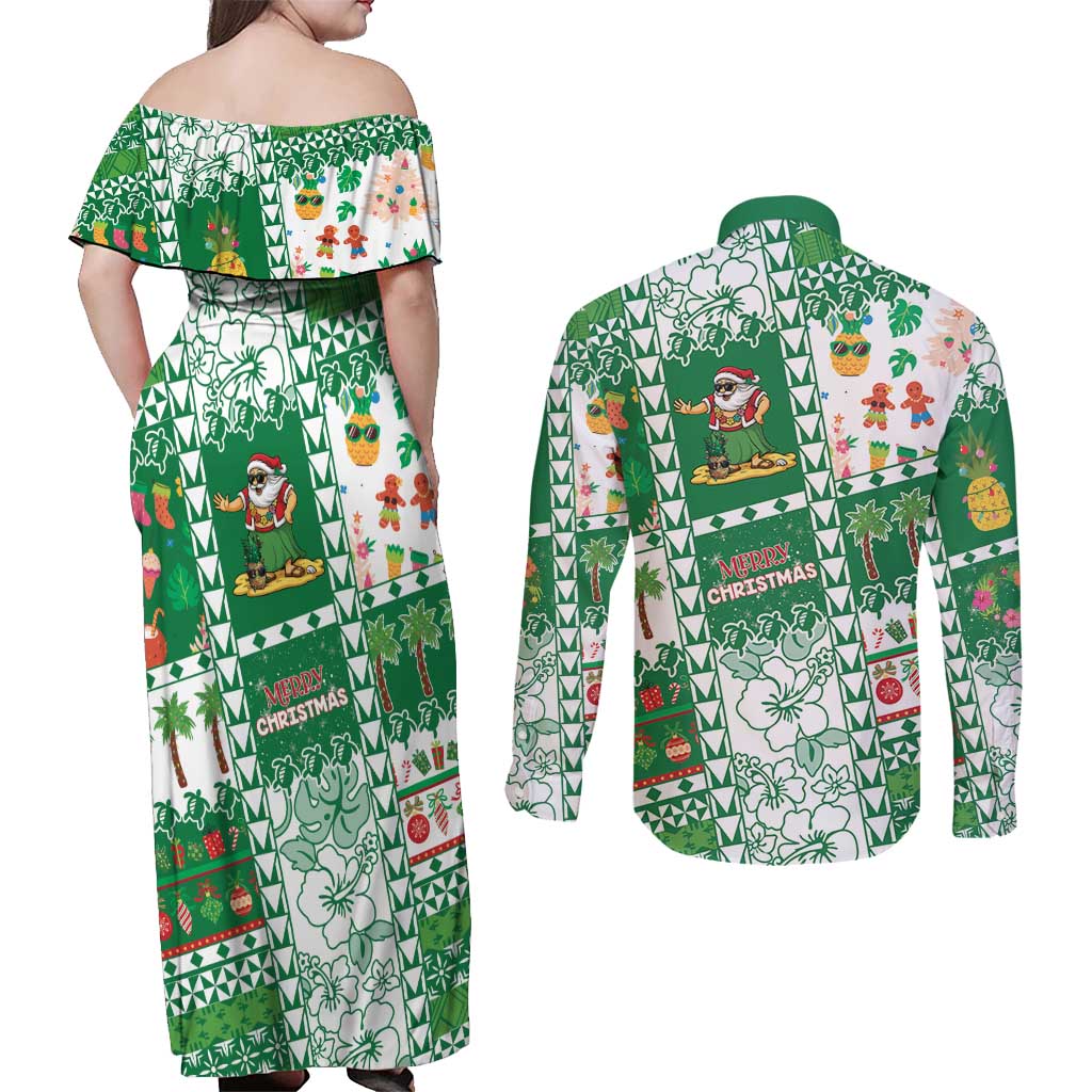 Norfolk Island Christmas Couples Matching Off Shoulder Maxi Dress and Long Sleeve Button Shirt Festive Beach Vibes - Polynesian Pride