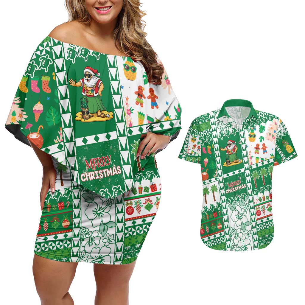 Norfolk Island Christmas Couples Matching Off Shoulder Short Dress and Hawaiian Shirt Festive Beach Vibes - Polynesian Pride