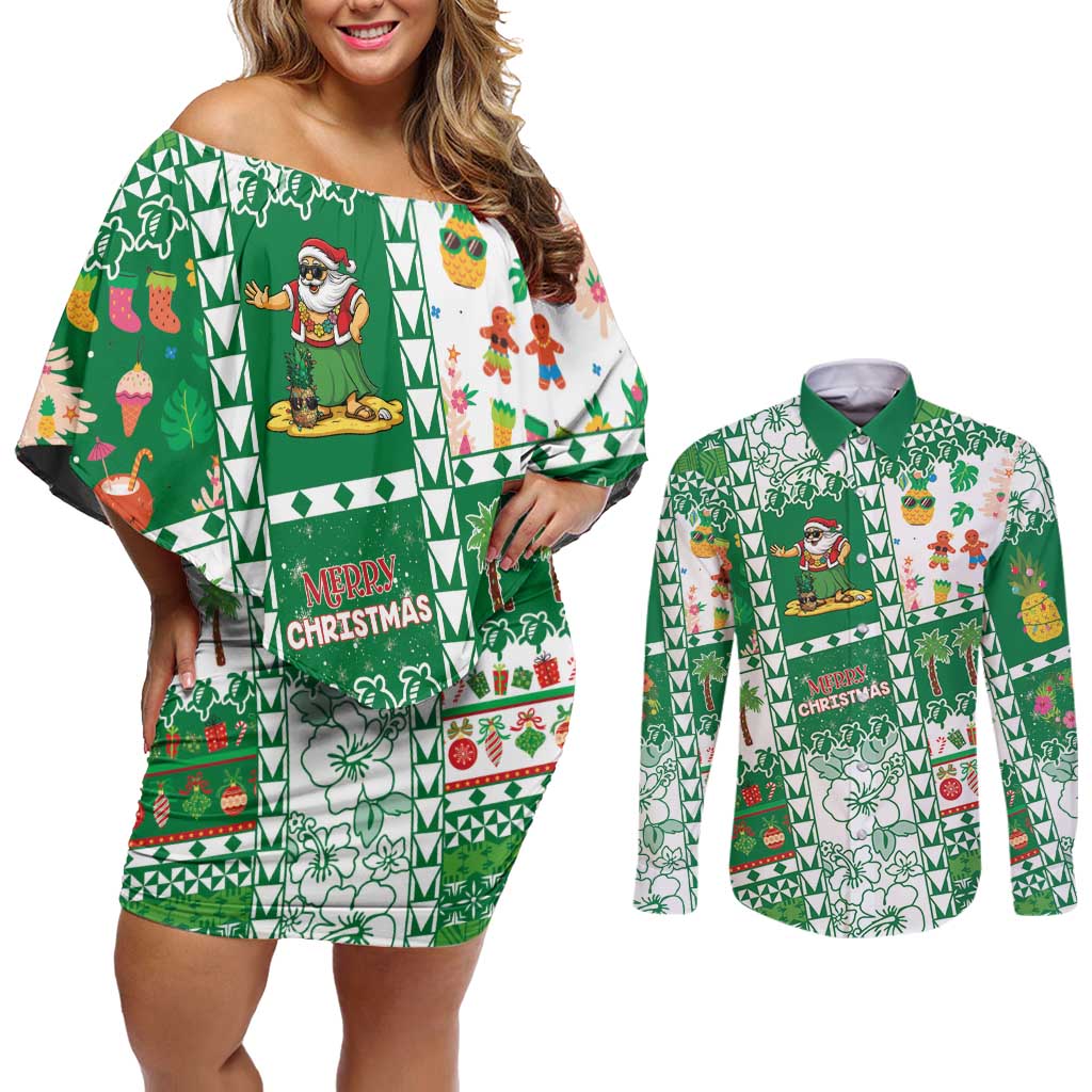 Norfolk Island Christmas Couples Matching Off Shoulder Short Dress and Long Sleeve Button Shirt Festive Beach Vibes - Polynesian Pride
