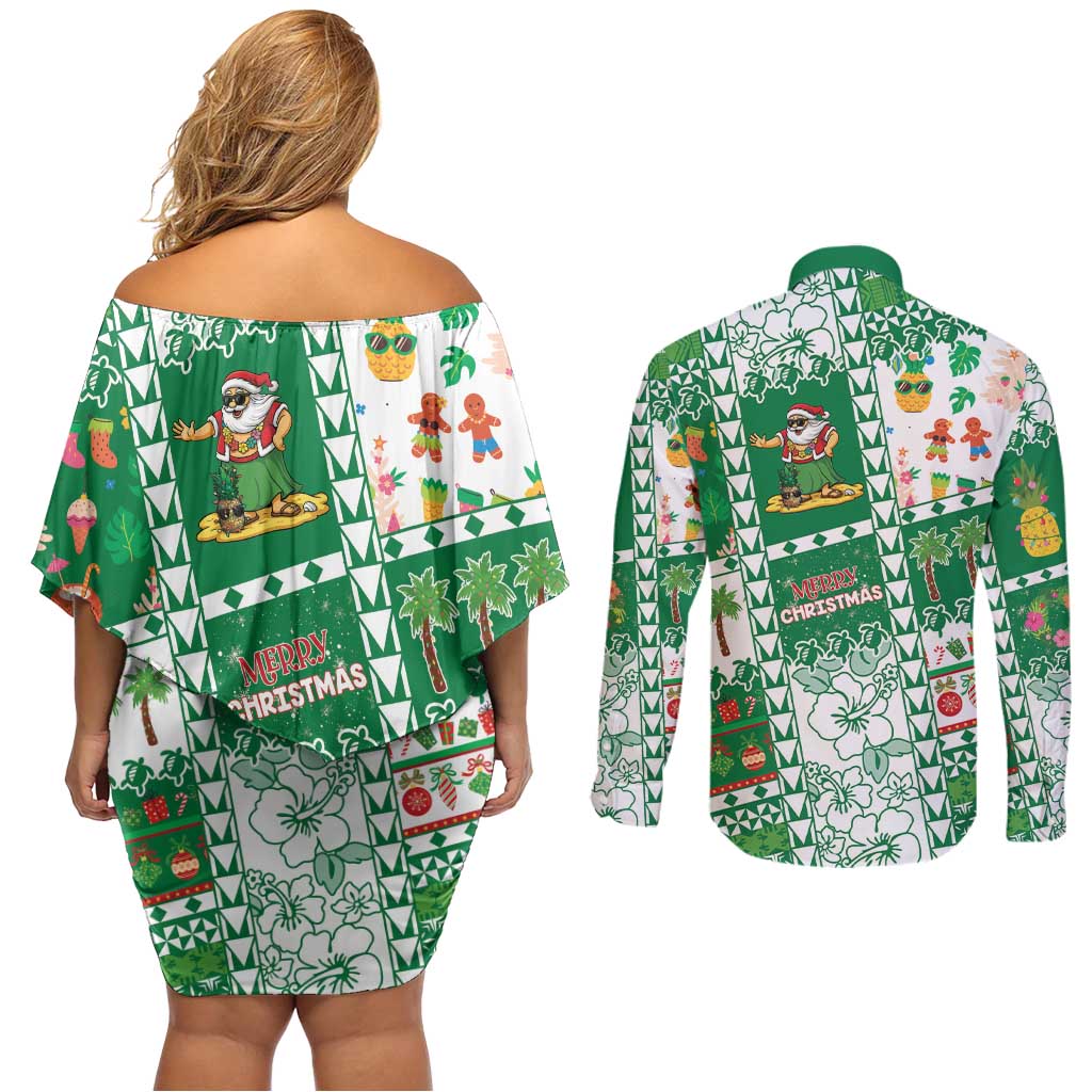 Norfolk Island Christmas Couples Matching Off Shoulder Short Dress and Long Sleeve Button Shirt Festive Beach Vibes - Polynesian Pride