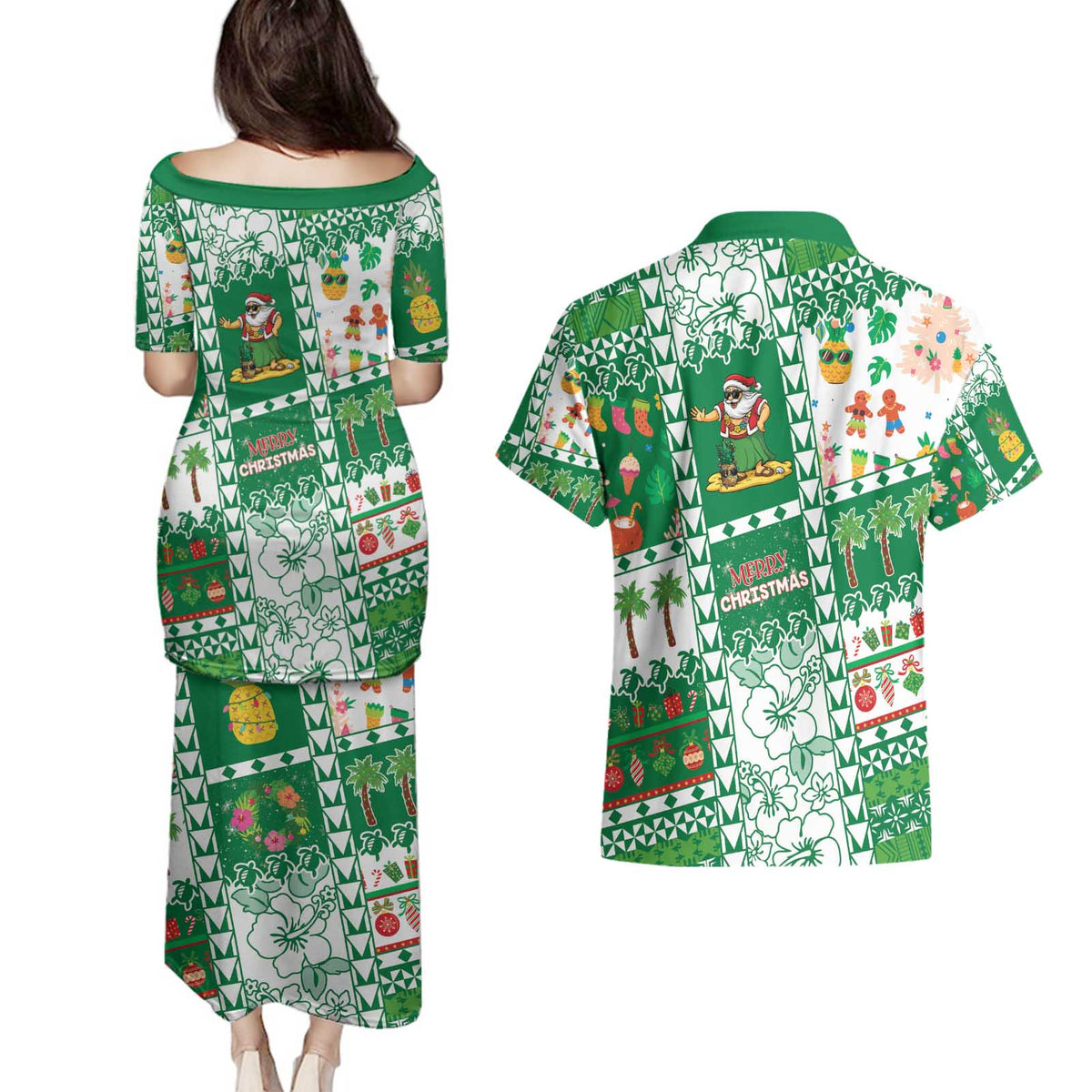 Norfolk Island Christmas Couples Matching Puletasi and Hawaiian Shirt Festive Beach Vibes - Polynesian Pride