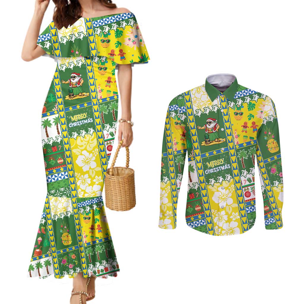 Pitcairn Islands Christmas Couples Matching Mermaid Dress and Long Sleeve Button Shirt Festive Beach Vibes - Polynesian Pride