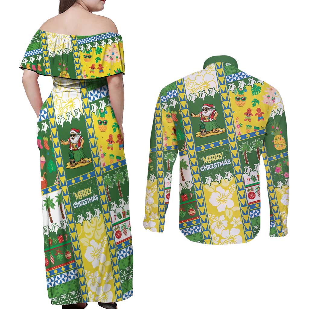 Pitcairn Islands Christmas Couples Matching Off Shoulder Maxi Dress and Long Sleeve Button Shirt Festive Beach Vibes - Polynesian Pride