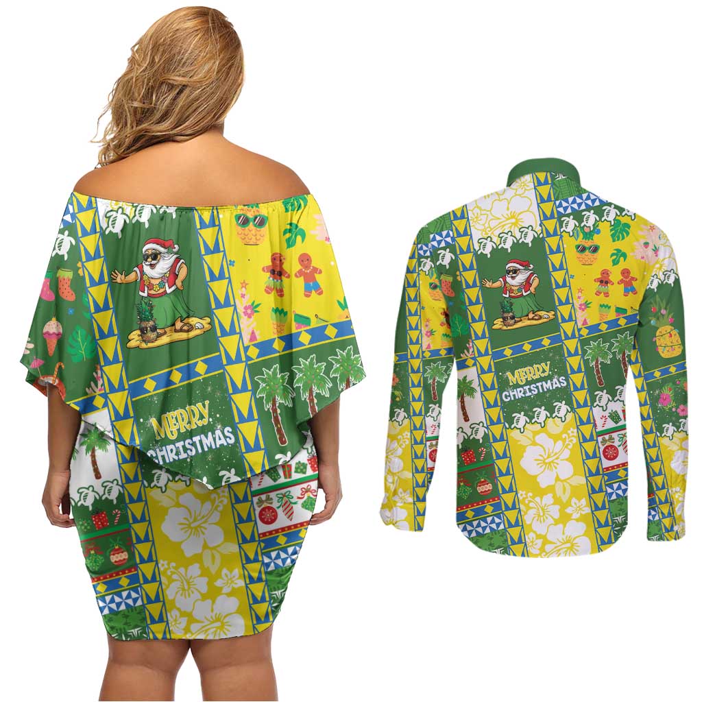 Pitcairn Islands Christmas Couples Matching Off Shoulder Short Dress and Long Sleeve Button Shirt Festive Beach Vibes - Polynesian Pride