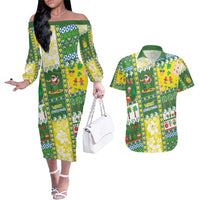 Pitcairn Islands Christmas Couples Matching Off The Shoulder Long Sleeve Dress and Hawaiian Shirt Festive Beach Vibes - Polynesian Pride