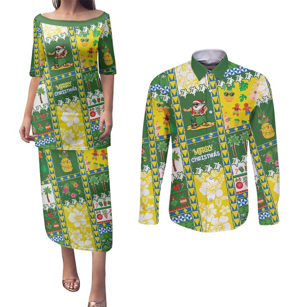 Pitcairn Islands Christmas Couples Matching Puletasi and Long Sleeve Button Shirt Festive Beach Vibes - Polynesian Pride