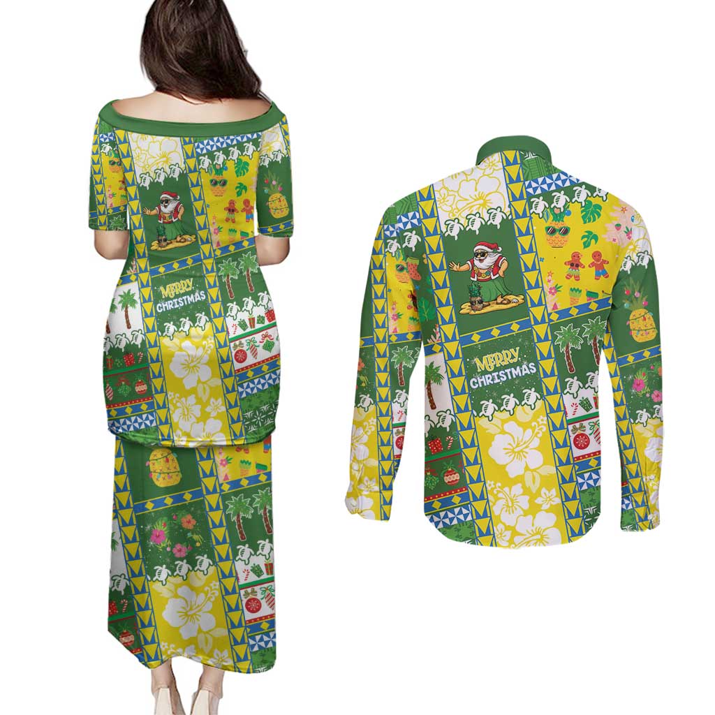 Pitcairn Islands Christmas Couples Matching Puletasi and Long Sleeve Button Shirt Festive Beach Vibes - Polynesian Pride