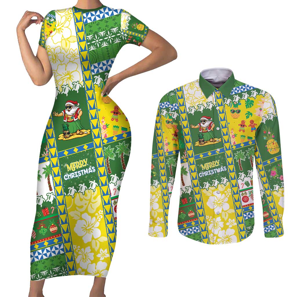 Pitcairn Islands Christmas Couples Matching Short Sleeve Bodycon Dress and Long Sleeve Button Shirt Festive Beach Vibes - Polynesian Pride