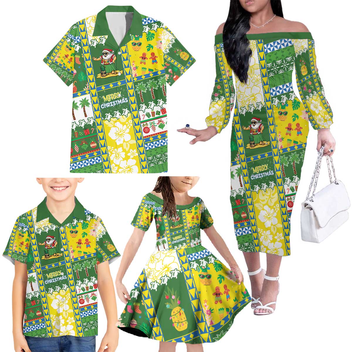 Pitcairn Islands Christmas Family Matching Off The Shoulder Long Sleeve Dress and Hawaiian Shirt Festive Beach Vibes - Polynesian Pride