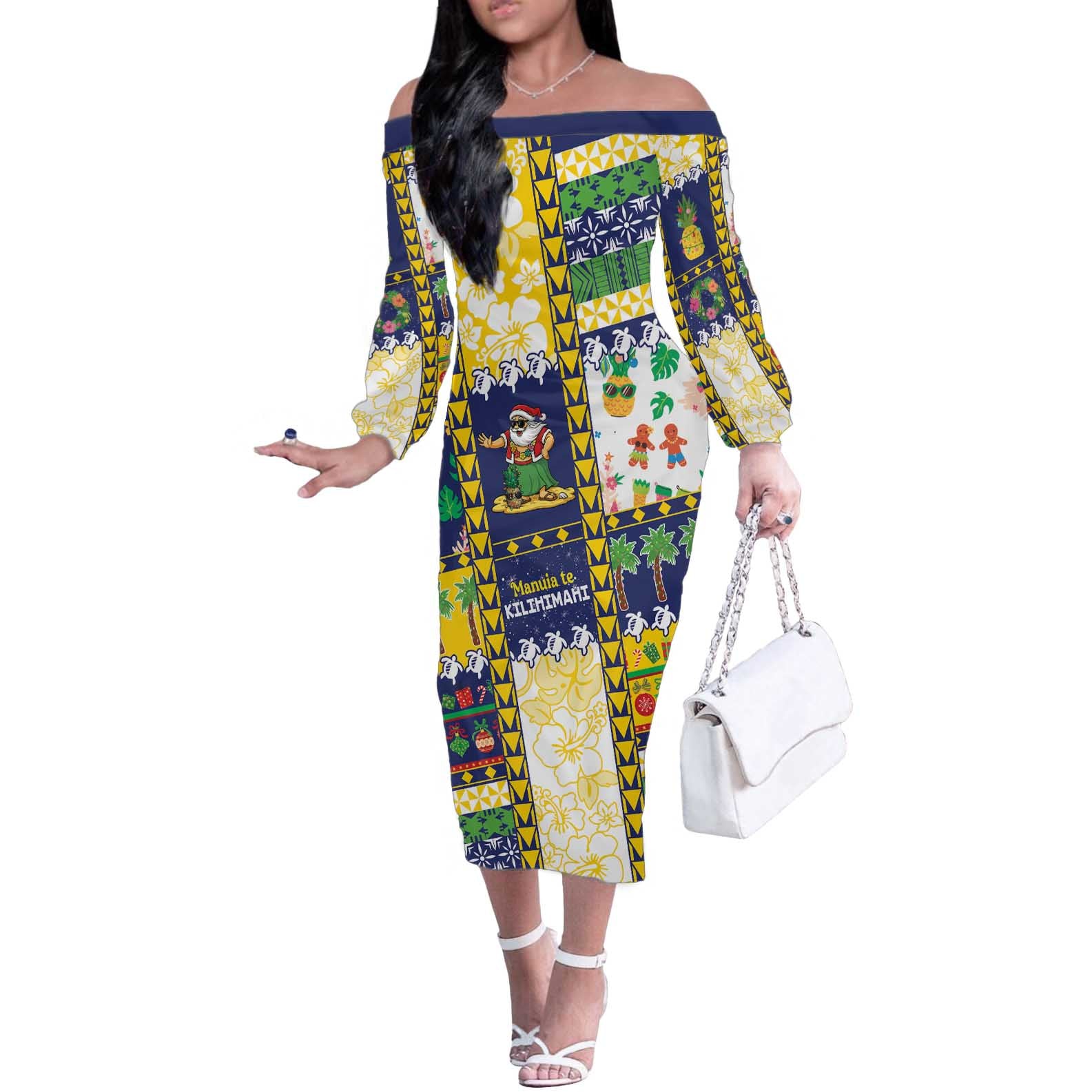 Tokelau Christmas Off The Shoulder Long Sleeve Dress Festive Beach Vibes - Polynesian Pride