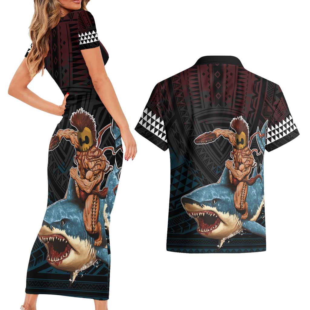 Hawaii Ikaika Couples Matching Short Sleeve Bodycon Dress and Hawaiian Shirt Hawaiian Mythic Koa Tribal Warrior