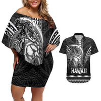 Hawaiian Ikaika Warrior Couples Matching Off Shoulder Short Dress and Hawaiian Shirt Tribal Pattern
