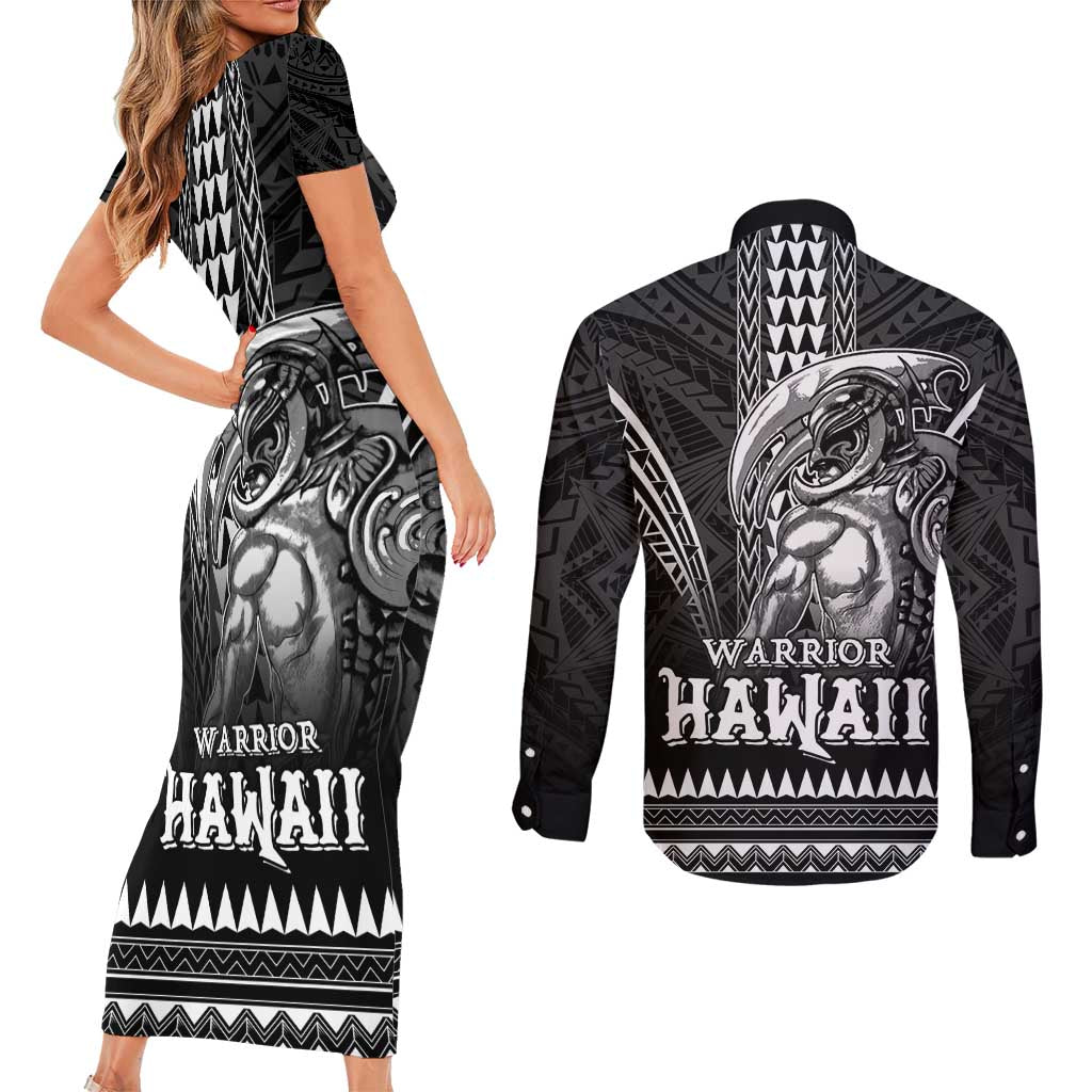 Hawaiian Ikaika Warrior Couples Matching Short Sleeve Bodycon Dress and Long Sleeve Button Shirt Tribal Pattern