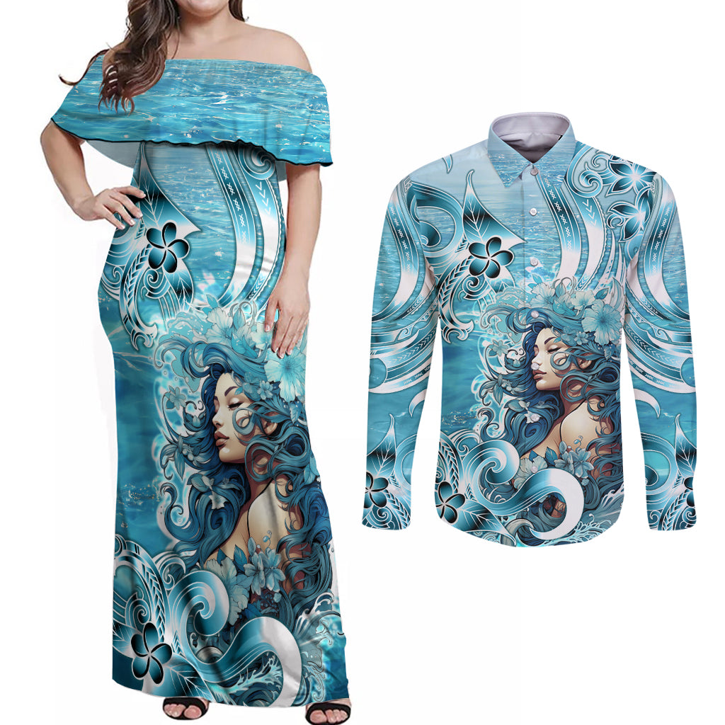 Hawaii Namaka Goddess Of The Sea Couples Matching Off Shoulder Maxi Dress and Long Sleeve Button Shirt Polynesian Style LT05 Turquoise - Polynesian Pride
