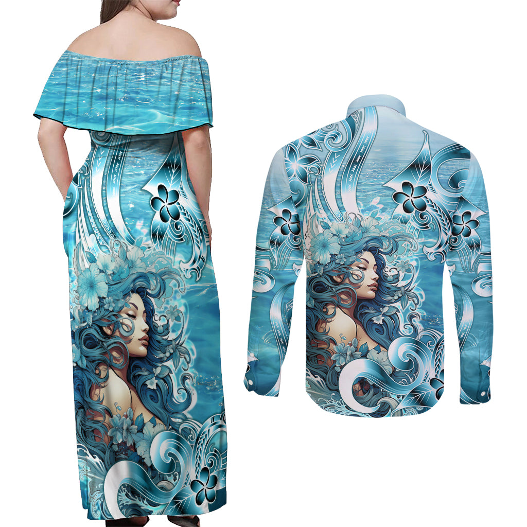 Hawaii Namaka Goddess Of The Sea Couples Matching Off Shoulder Maxi Dress and Long Sleeve Button Shirt Polynesian Style LT05 - Polynesian Pride