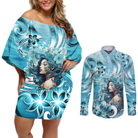 Hawaii Namaka Goddess Of The Sea Couples Matching Off Shoulder Short Dress and Long Sleeve Button Shirt Polynesian Style LT05 Turquoise - Polynesian Pride