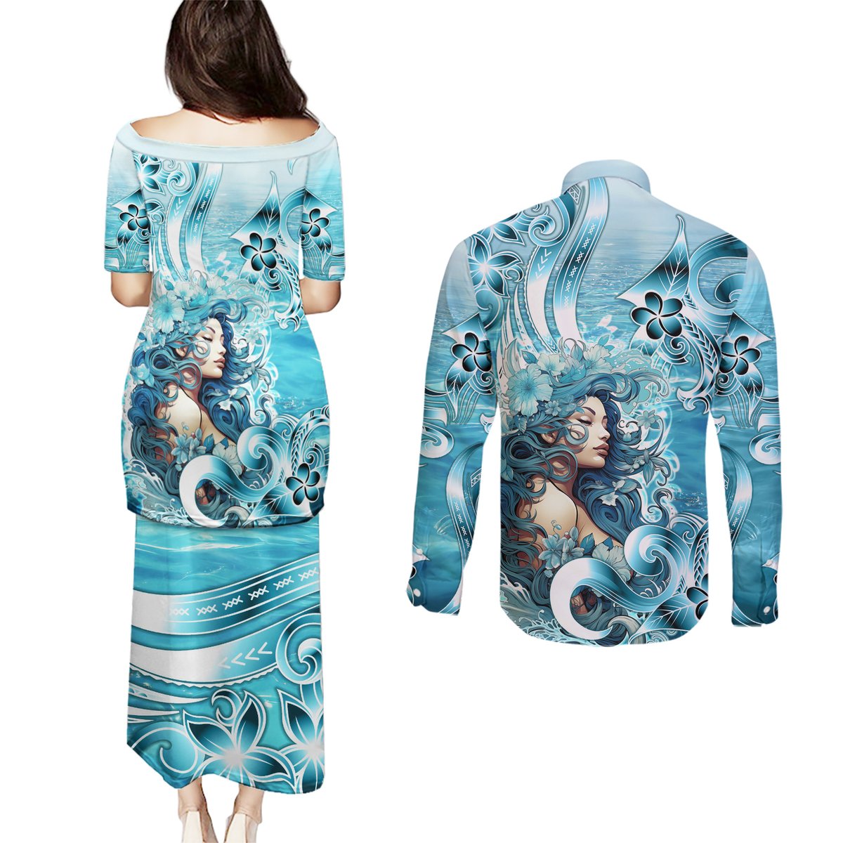 Hawaii Namaka Goddess Of The Sea Couples Matching Puletasi and Long Sleeve Button Shirt Polynesian Style LT05 - Polynesian Pride